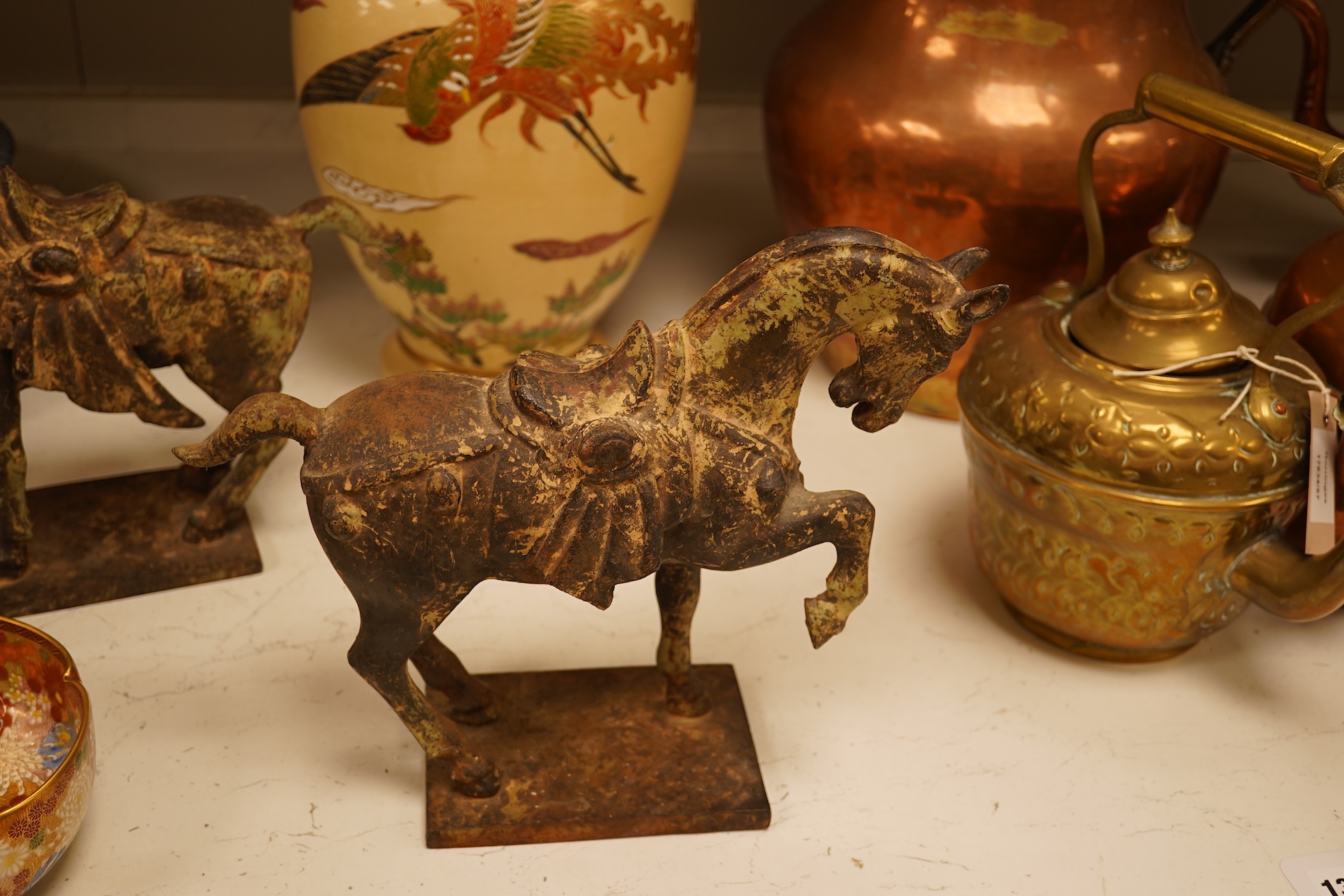 A pair of Chinese bronze horses, a Japanese Satsuma bowl and similar vase, vase 33cm high.
